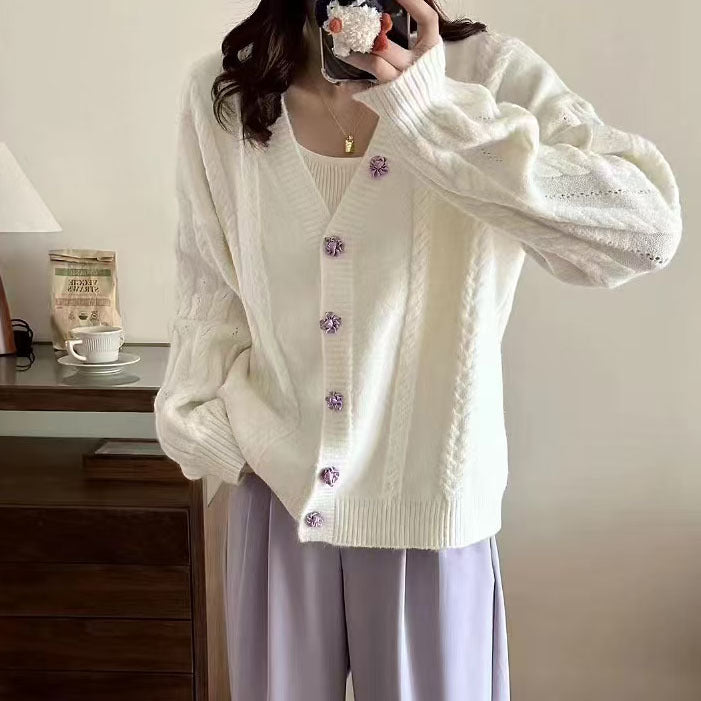 Damen Strickjacke mit dekorativen Knöpfen und Zopfmuster Drune