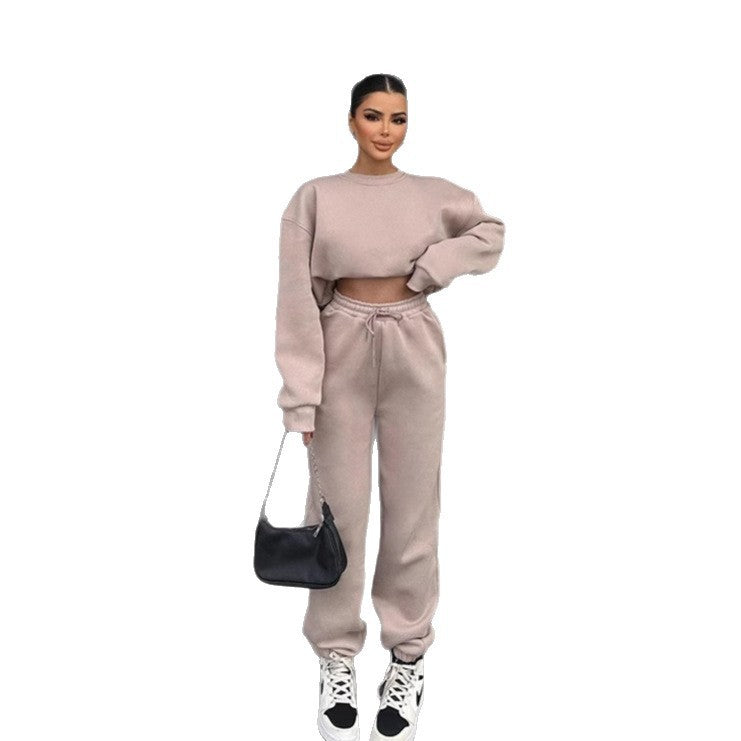 Damen elegantes und lässiges Zweiteiler-Set mit bequemem Cropped-Sweatshirt und weiten Jogginghosen Drune