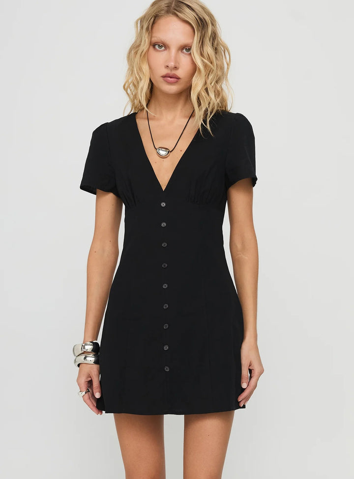 Damen Kurzärmeliges Kleid mit V-Ausschnitt und Knopfleiste Drune