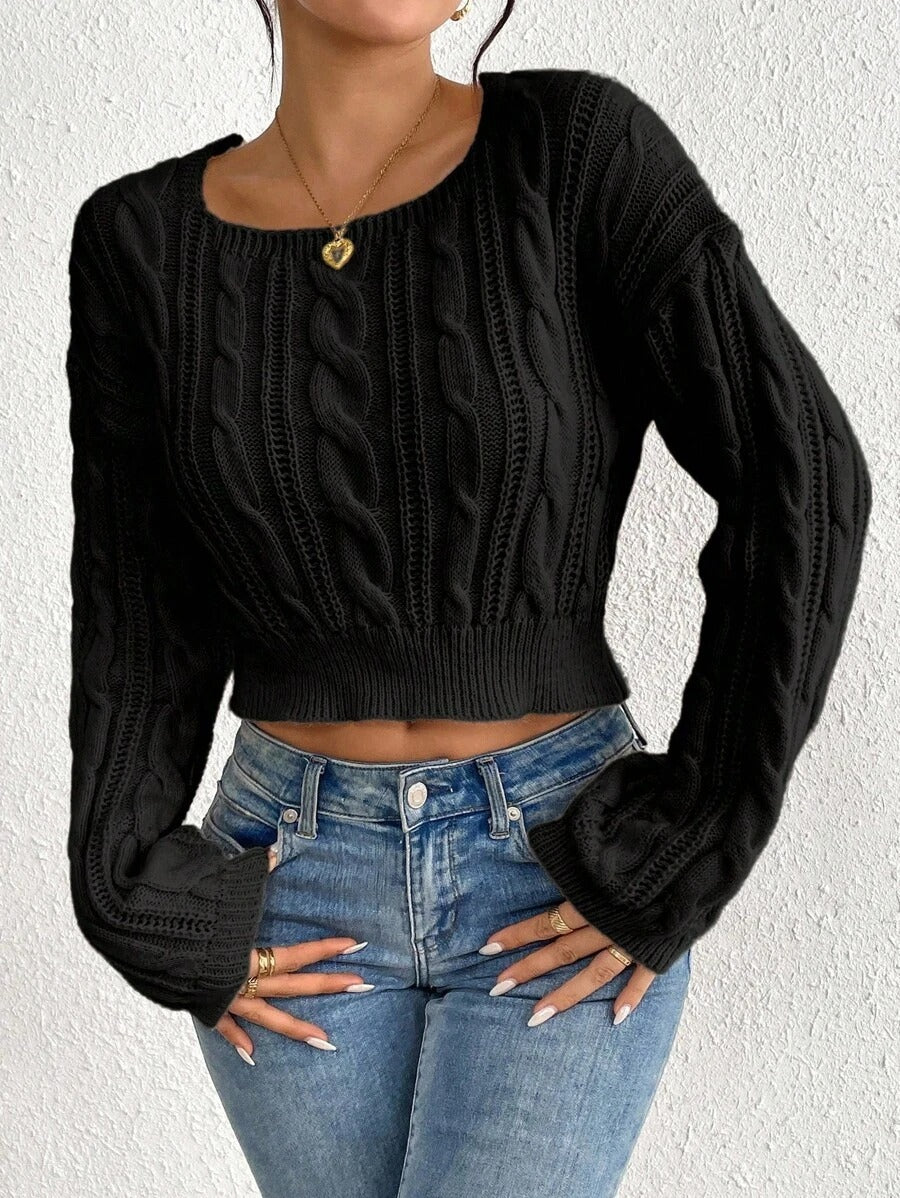 Damen Grobstrickpullover mit modernem Zopfmuster und weitem Rundhalsausschnitt Drune