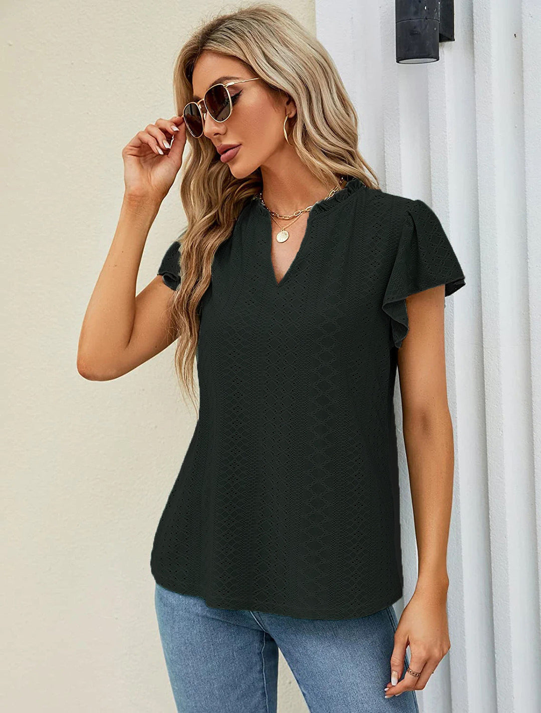Damen luftige Bluse mit Spitzendetail Drune