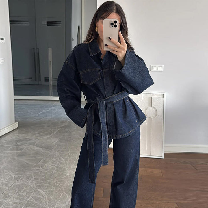 Damen lässige Denim-Jacke mit Gürtel und weitem Schnitt Drune