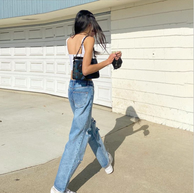 Damen lockere High-Waist Destroyed Jeans Drune