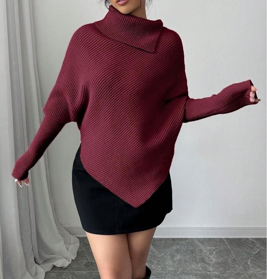 Damen Oversized Strickpullover mit asymmetrischem Saum und hohem Kragen Drune