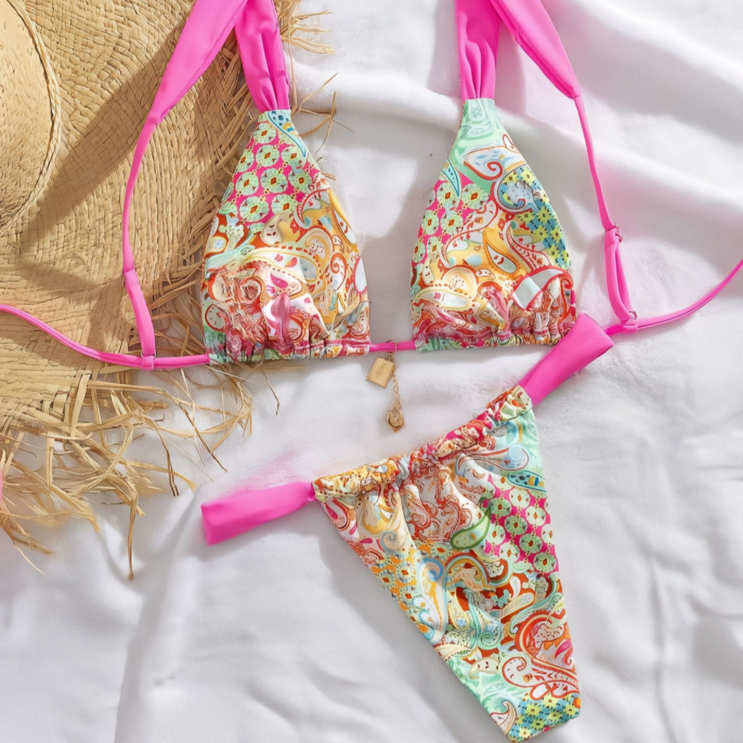 Damen Triangel-Bikini mit buntem Paisleymuster und verstellbaren Trägern Drune