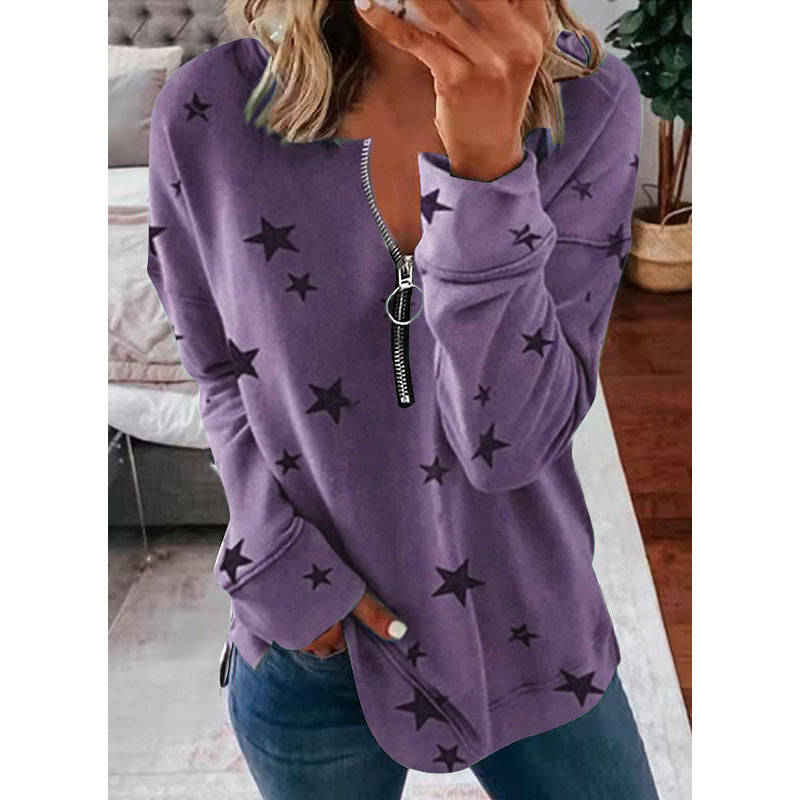 Damen Lässiger Sweatshirt mit Reißverschluss und Sternenmotiv Drune
