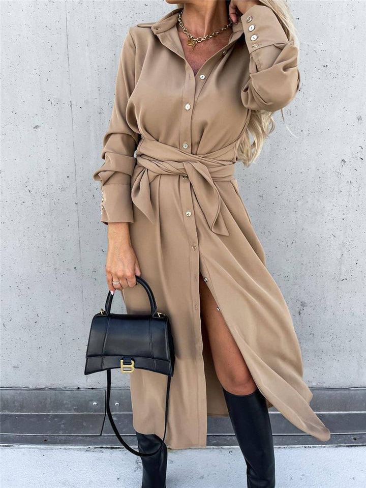 Damen Hemdblusenkleid mit Taillengürtel und 长em Schlitz Drune
