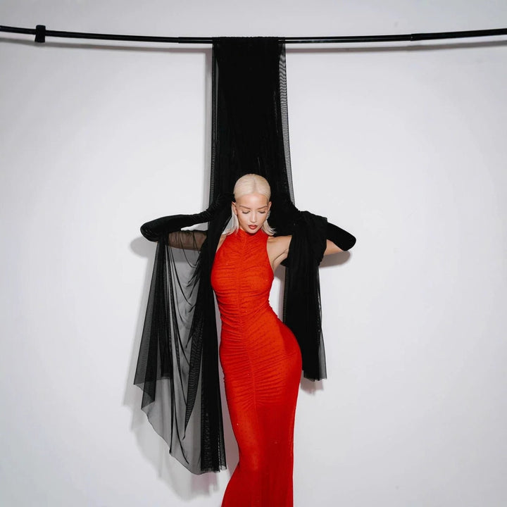 Damen Elegantes langes Abendkleid mit Raffung und schimmernden Akzenten Drune