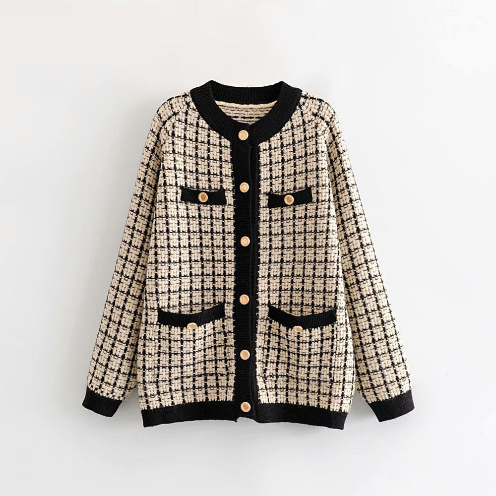 Damen Strickjacke mit Modischem Karomuster und Knopfdetails Drune