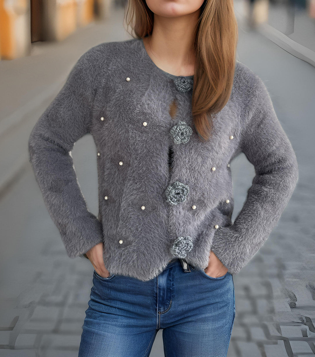 Damen feine Strickjacke mit Blumenapplikationen und Perlenakzenten Drune