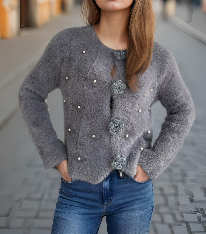 Damen feine Strickjacke mit Blumenapplikationen und Perlenakzenten Drune