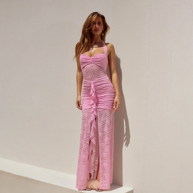 Damen Elegantes und figurbetontes Spitzenkleid mit schicker Raffung und feinen Trägern Drune