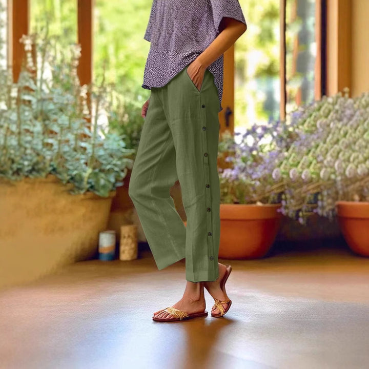 Damen Bequeme Leinenhose mit Knopfdetails Drune