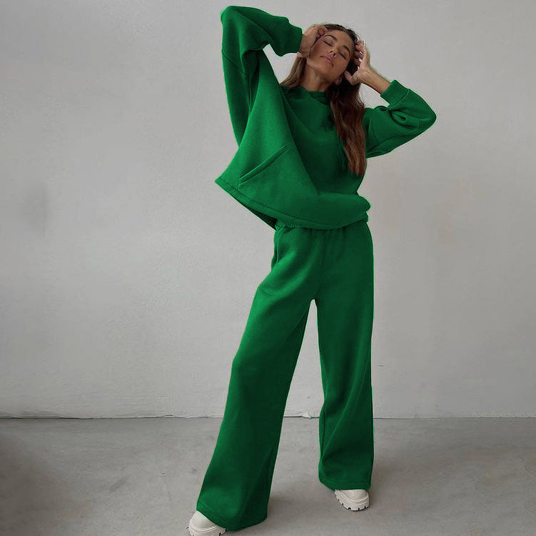 Damen nan Cozy-Komplettset mit extraweichem Oversize-Hoodie, Kängurutasche und High-Waist Palazzo-Sweathose Drune