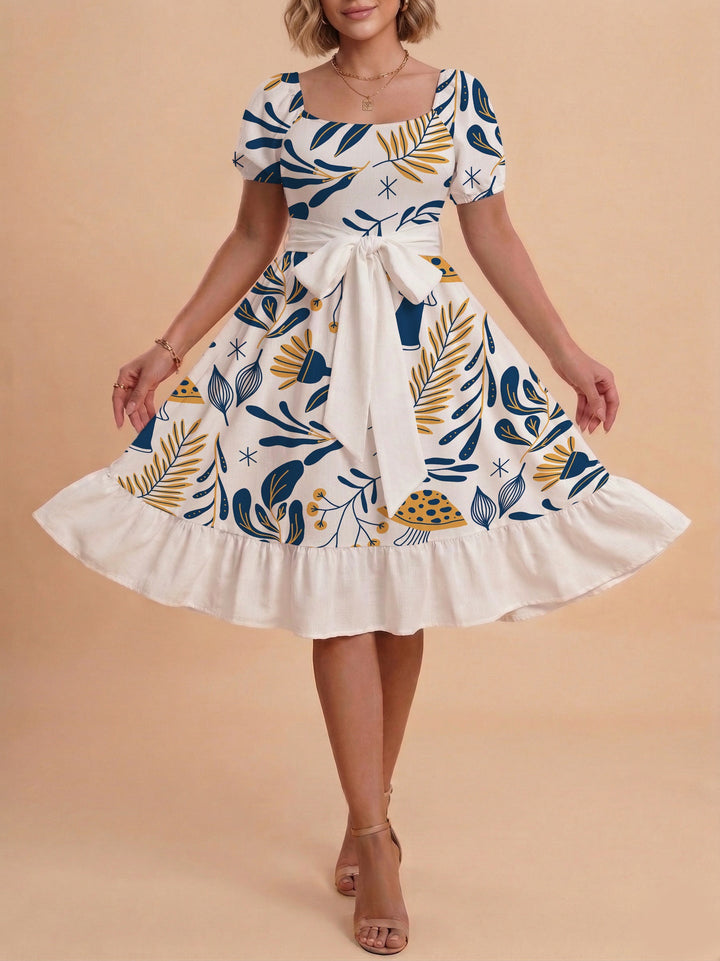 Damen Sommerliches Blumenkleid mit taillierbarem Gürtel und voluminösen Ärmeln Drune