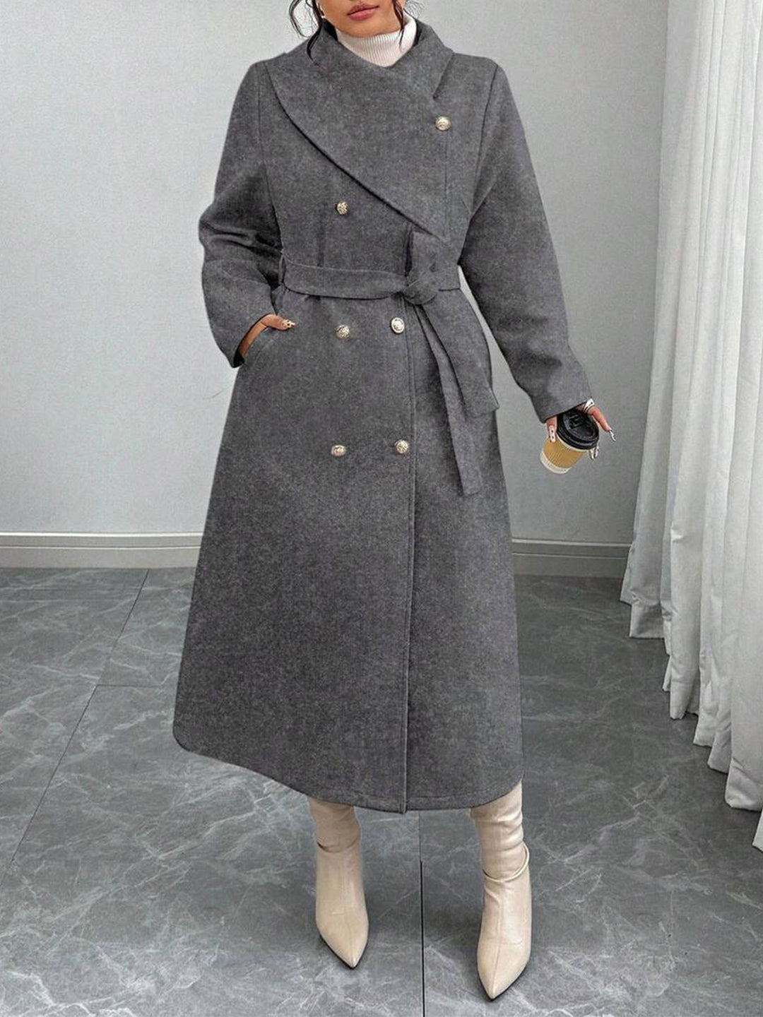 Damen eleganter wärmender Wollmantel mit doppelter Knopfleiste und einem Gürtel Drune