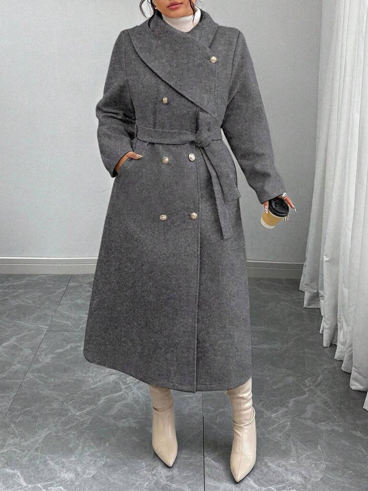 Damen eleganter wärmender Wollmantel mit doppelter Knopfleiste und einem Gürtel Drune