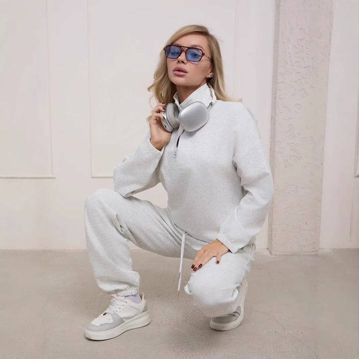 Damen lässiger Fleece-Jogginganzug mit halbem Reißverschluss und elastischen Bündchen Drune