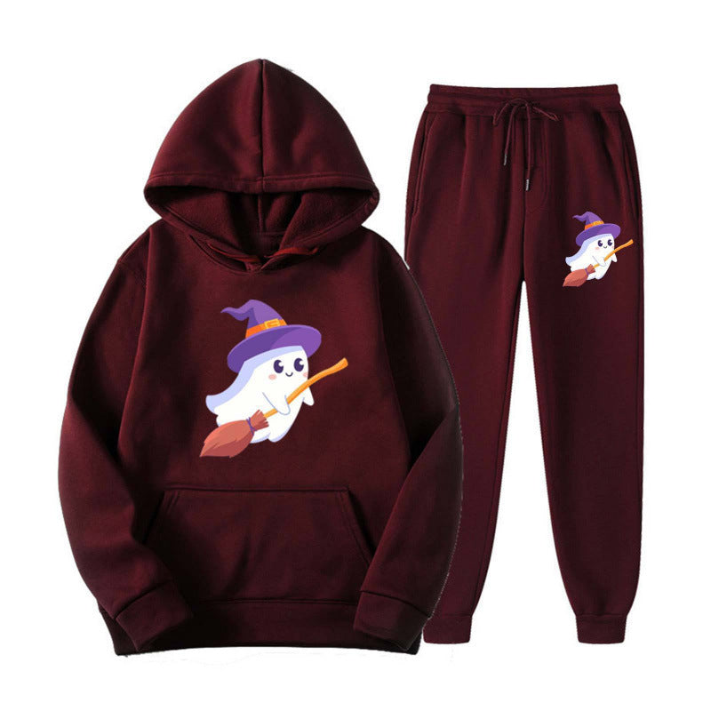 Unisex nan kuscheliger Kapuzenpullover und Jogginghose Set mit Halloween-Geistprint Drune