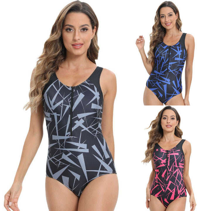 Damen Sportlicher Einteiler Badeanzug mit Reißverschluss und grafischem Design Drune