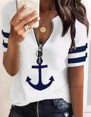 Damen maritim inspirierter Kurzarm Pullover mit Reißverschluss und Anker-Motiv Drune
