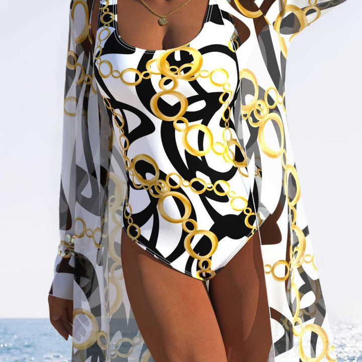 Damen eleganter Einteiler Badeanzug mit transparentem Überwurf und modernem Ringdesign Drune