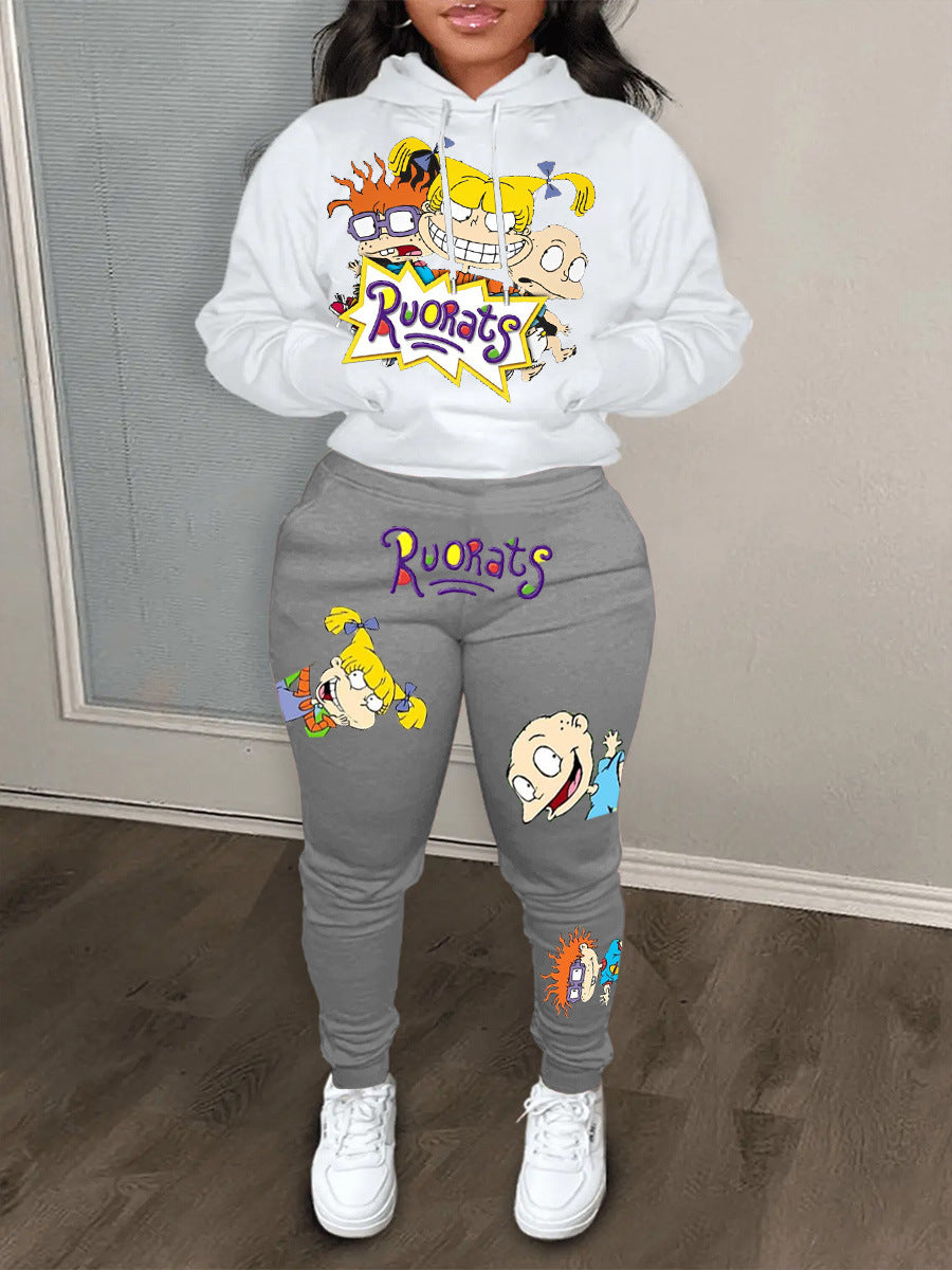 Damen Hoodie und Jogginghose Set mit farbenfrohen Cartoon-Motiven Drune