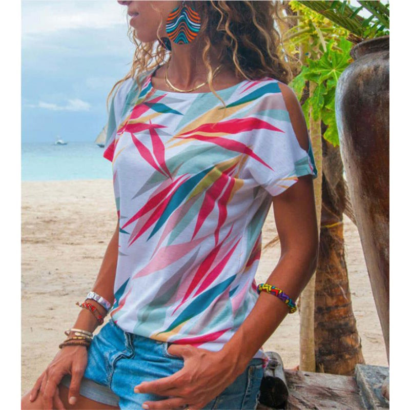 Damen T-Shirt mit asymmetrischem Schnitt und buntem Blattmotiv Drune