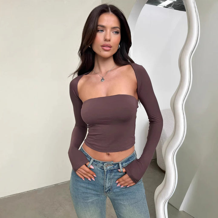 Damen Langarm Crop-Top mit körpernahem Schnitt und weitem Ausschnitt Drune