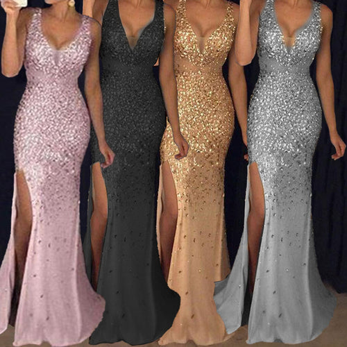 Damen Funkelndes Abendkleid mit tiefem V-Ausschnitt und seitlichem Schlitz Drune