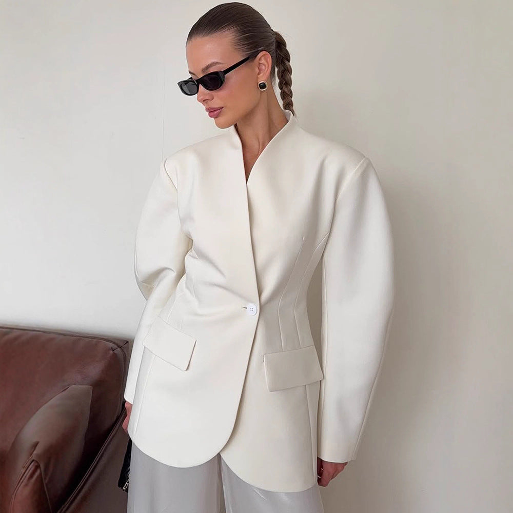 Damen Blazer-Kleid mit tiefem V-Ausschnitt und praktischen Taschen Drune
