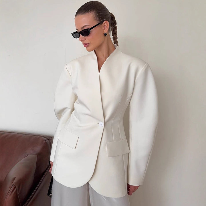 Damen Blazer-Kleid mit tiefem V-Ausschnitt und praktischen Taschen Drune