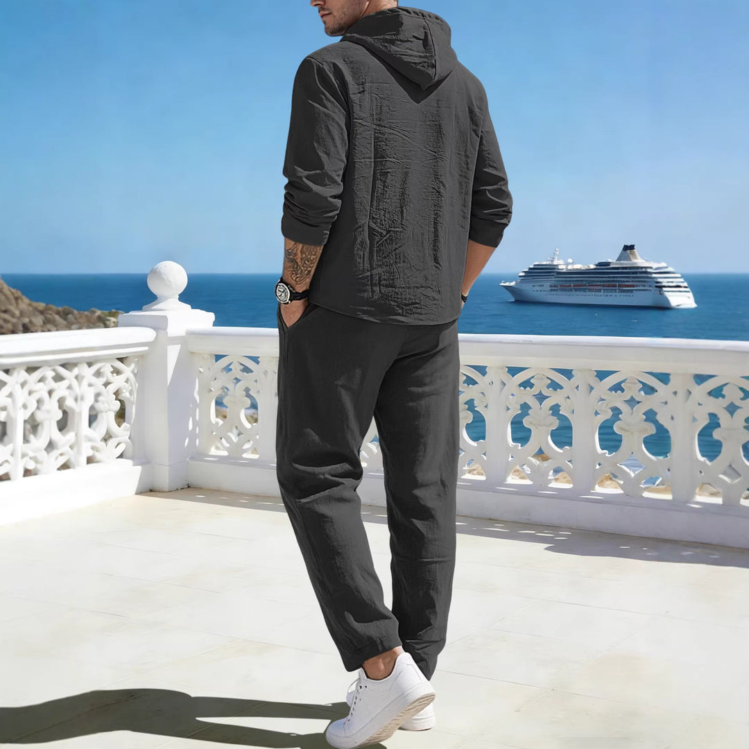 Herren nan entspannter Kapuzen-Henley Freizeitanzug aus leichter Baumwollmischung in Leinenoptik mit Kordelzug und elastischer Bundhose Drune