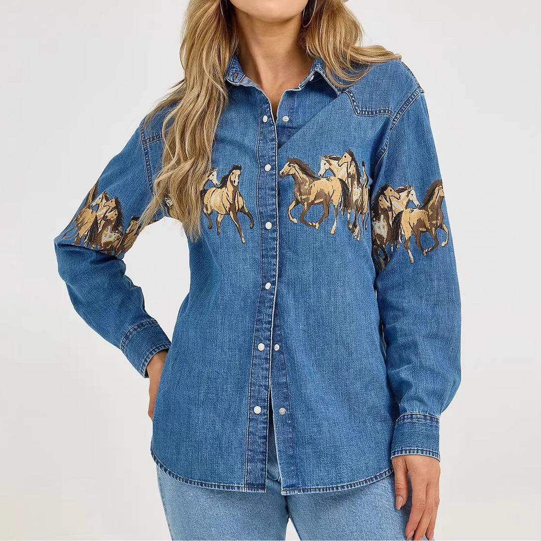 Damen Jeanshemd mit kreativem Pferdemotiv und hochwertiger Baumwollmischung Drune