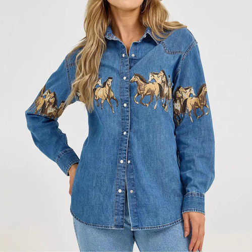 Damen Jeanshemd mit kreativem Pferdemotiv und hochwertiger Baumwollmischung Drune