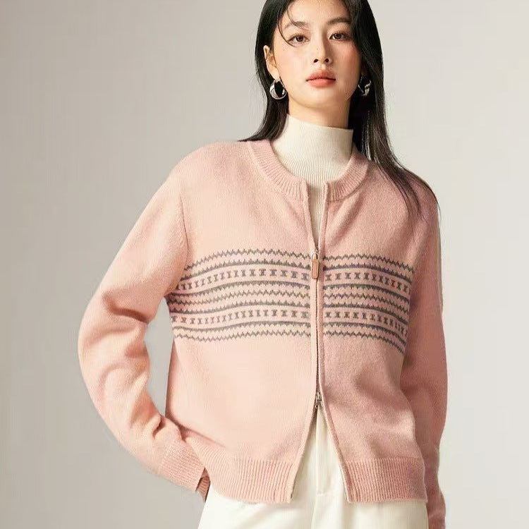 Damen Strickjacke mit elegantem Zipper und grafischem Muster Drune