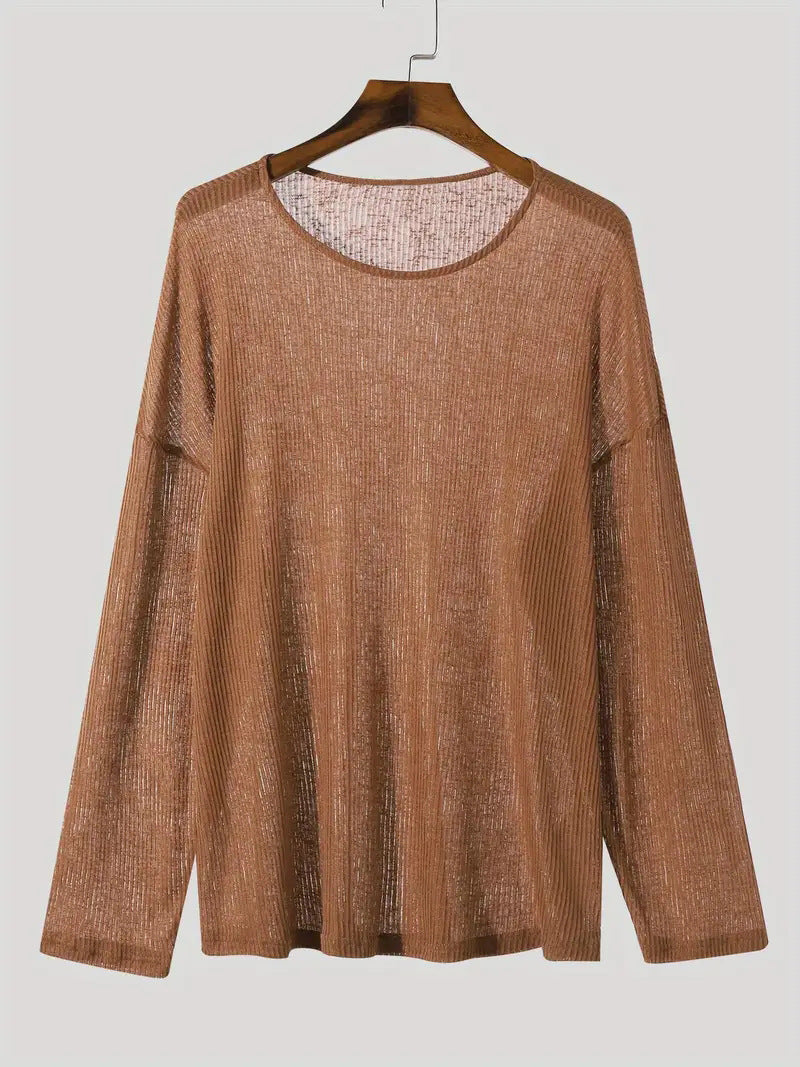 Damen nan locker fallendes Langarm-Feinstrickshirt mit feinem Rippenmuster und Rundhalsausschnitt Drune