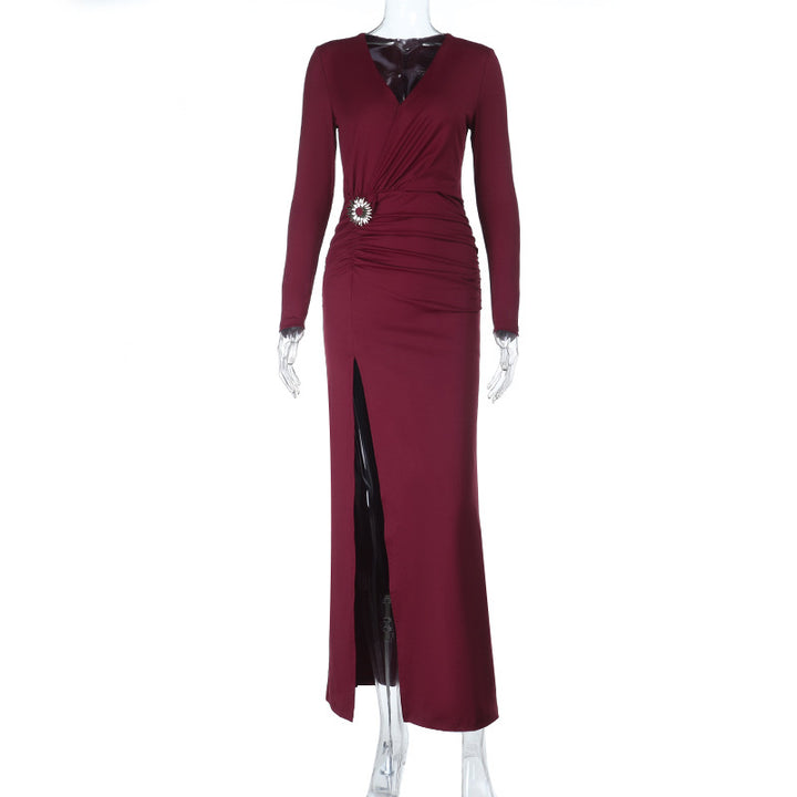 Damen elegantes langärmliges Abendkleid mit Raffung und hohem Schlitz Drune