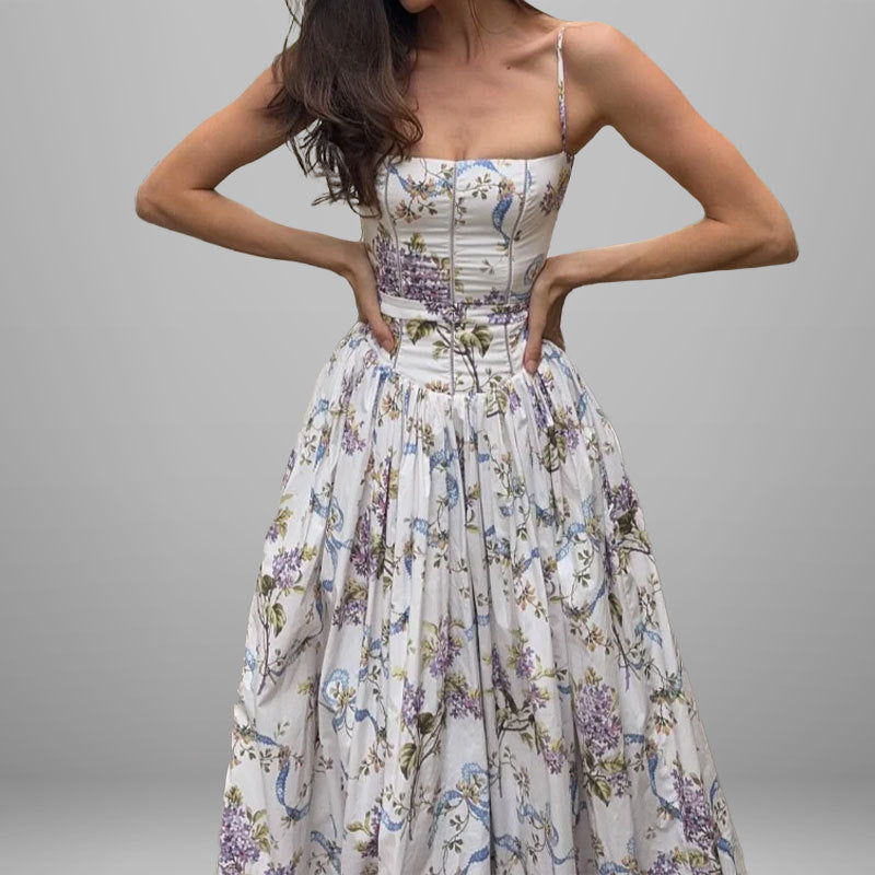 Damen Maxikleid mit floralen Mustern und gerafftem Oberteil Drune