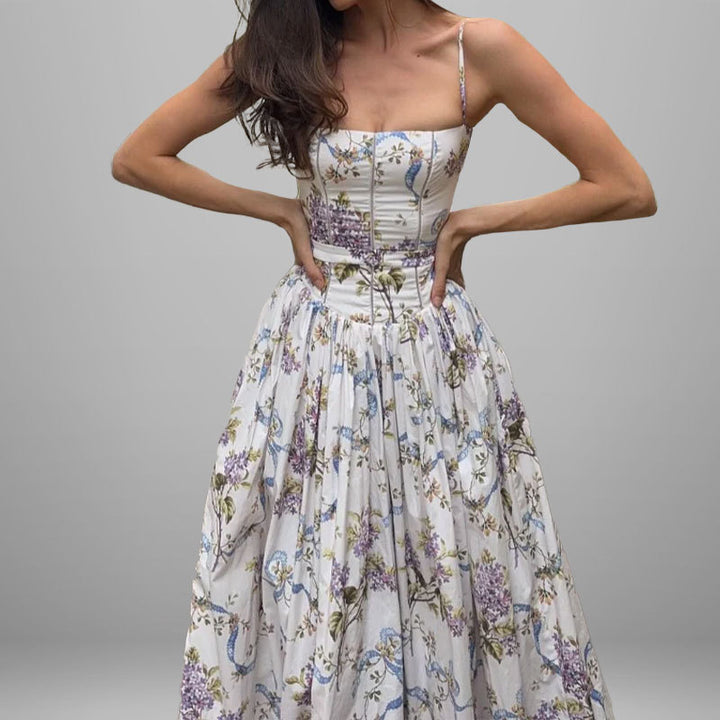 Damen Maxikleid mit floralen Mustern und gerafftem Oberteil Drune