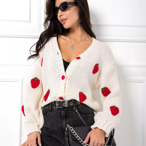 Damen Bestickter Erdbeer-Button-Up-Cardigan Drune