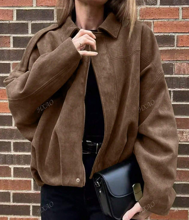 Damen Oversized Freizeitjacke aus hochwertigem Wildlederimitat mit dekorativen Details Drune