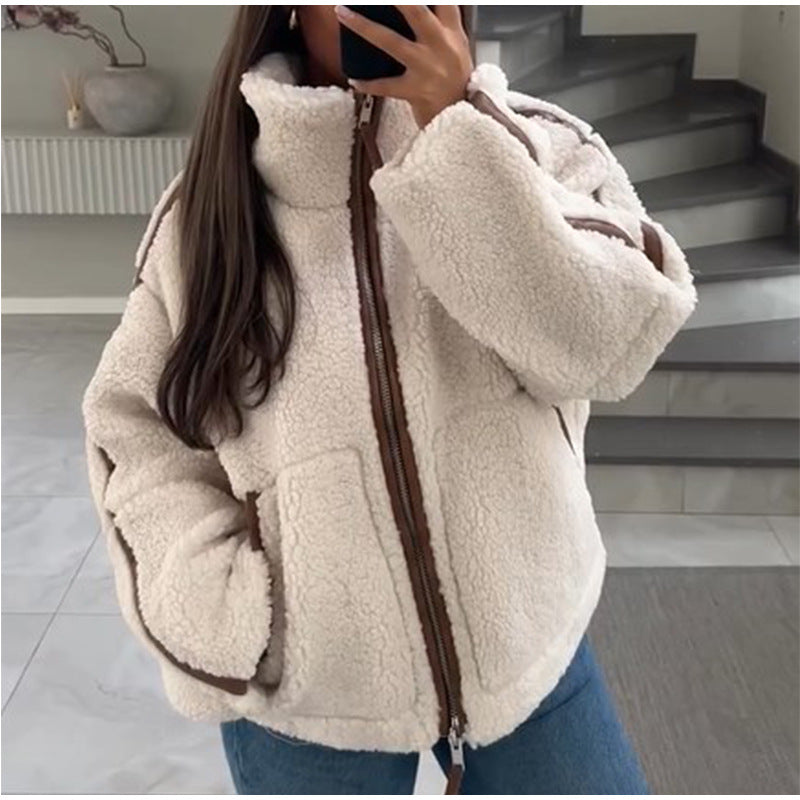 Damen gemütliche Teddy-Fleecejacke mit hohem Kragen und komfortablem Schnitt Drune