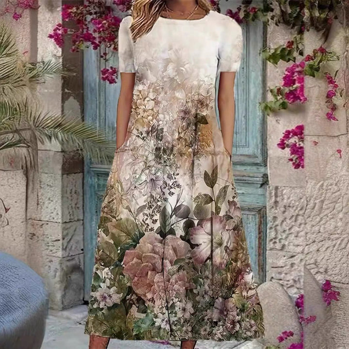 Damen Elegantes Maxikleid mit floralem Design und zartem Rundhalsausschnitt Drune