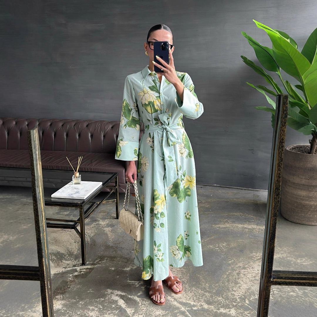 Damen Maxikleid mit floralen Mustern und Wickelgürtel Drune