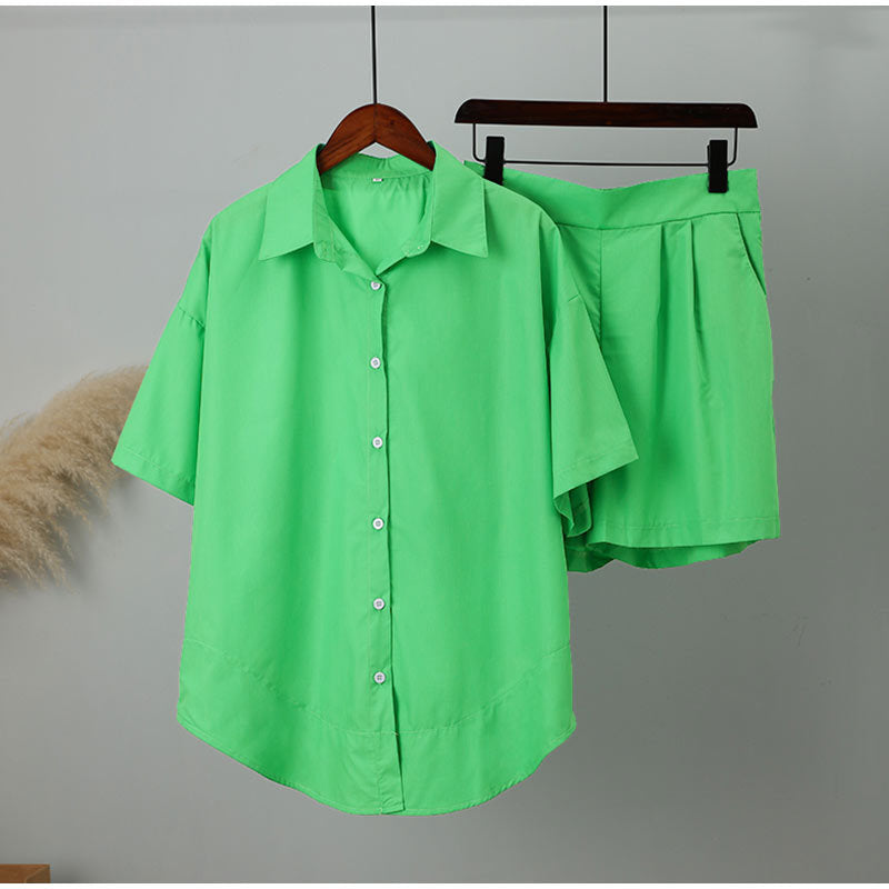 Damen Freizeit Knopf-up Shirt und Shorts Set Drune