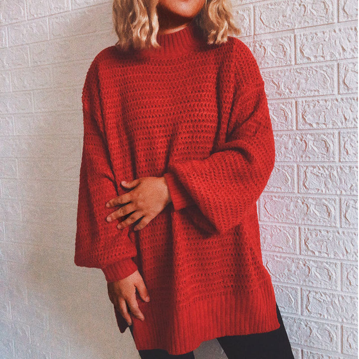 Damen lässiger Strickpullover mit hohem Kragen und voluminösen Ärmeln Drune