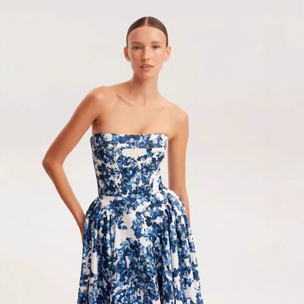 Damen Elegantes Blütenmuster-Maxikleid mit schulterfreiem Design Drune