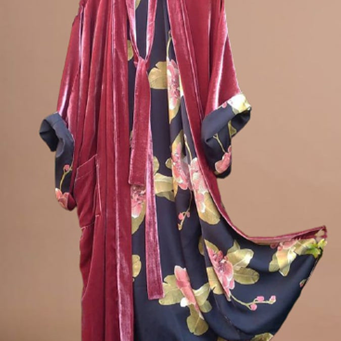 Drune | Satin Digital Floral Taille Gürtel Cardigan Schlafanzug