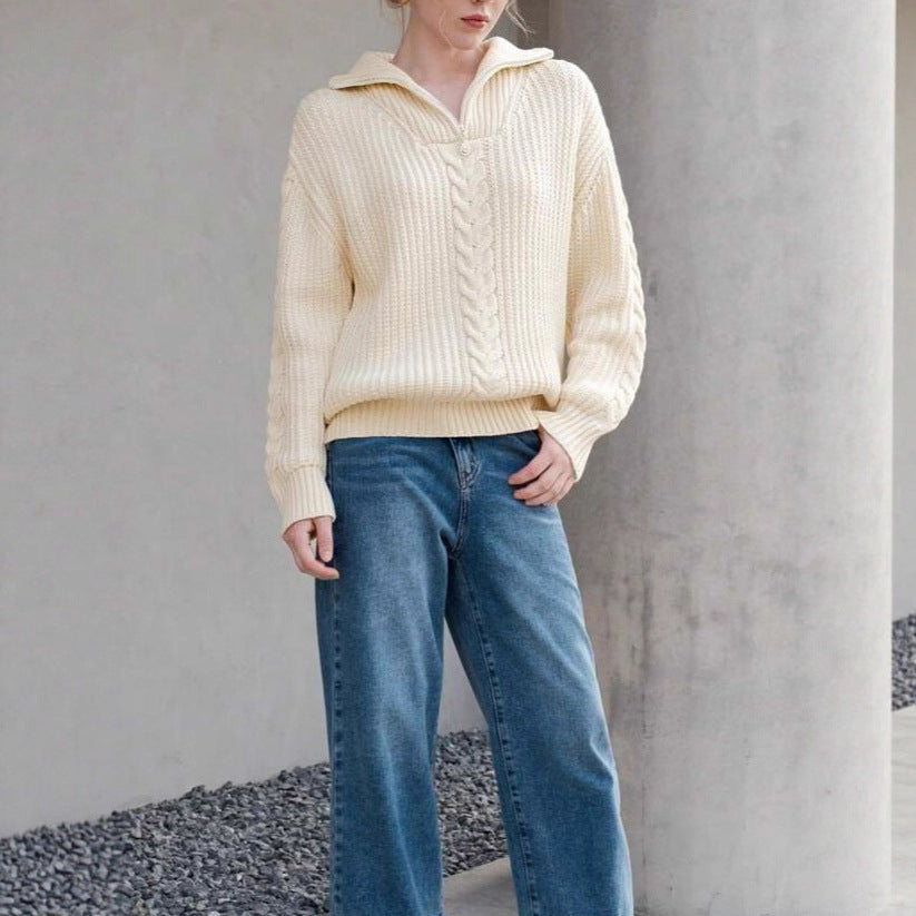 Damen Grobstrickpullover mit seitlichem Reißverschluss und Detailliertem Zopfmuster Drune